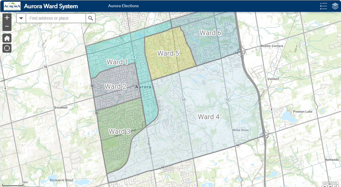 Map of Aurora with coloured wards in the middle