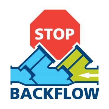 Backflow Prevention Program logo Graphic of stop sign, two taps and the word backflow