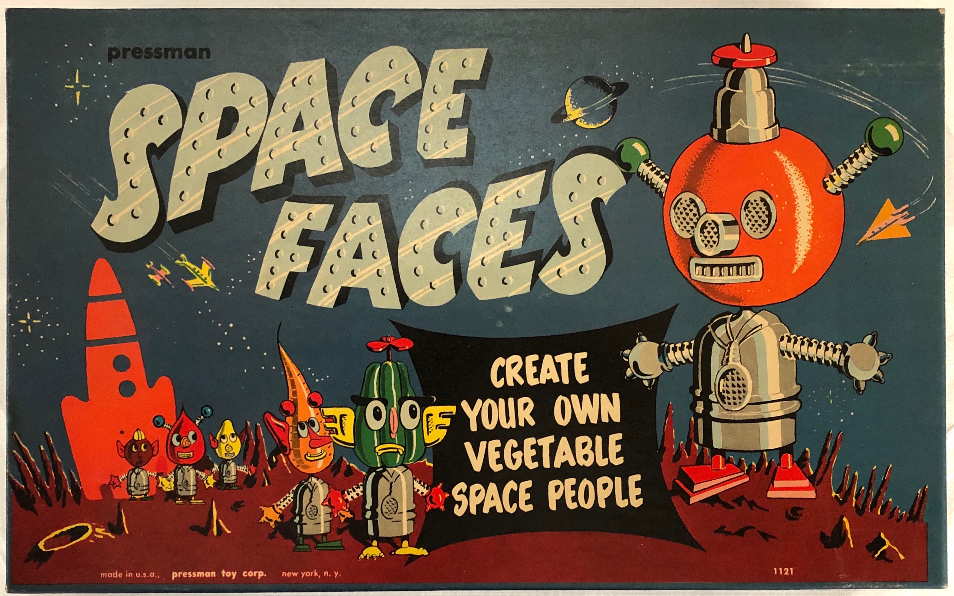 A colour photograph of a toy that turned vegetables into aliens dating from 1953.