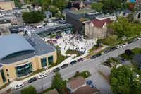 Aerial view of Town Square, including performance centre, library and old school