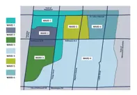 Graphic map of all 6 wards, along with a legend of the colours