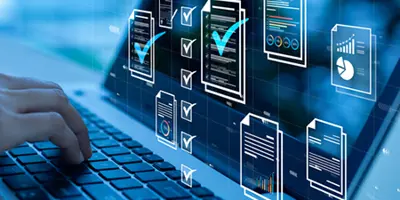 Closeup of a laptop screen and and hands on a keyboard, with virtual digital windows in the air and some checkmarks