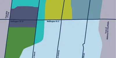 A cropped map outlining 6 wards in Aurora, each one with a different colour